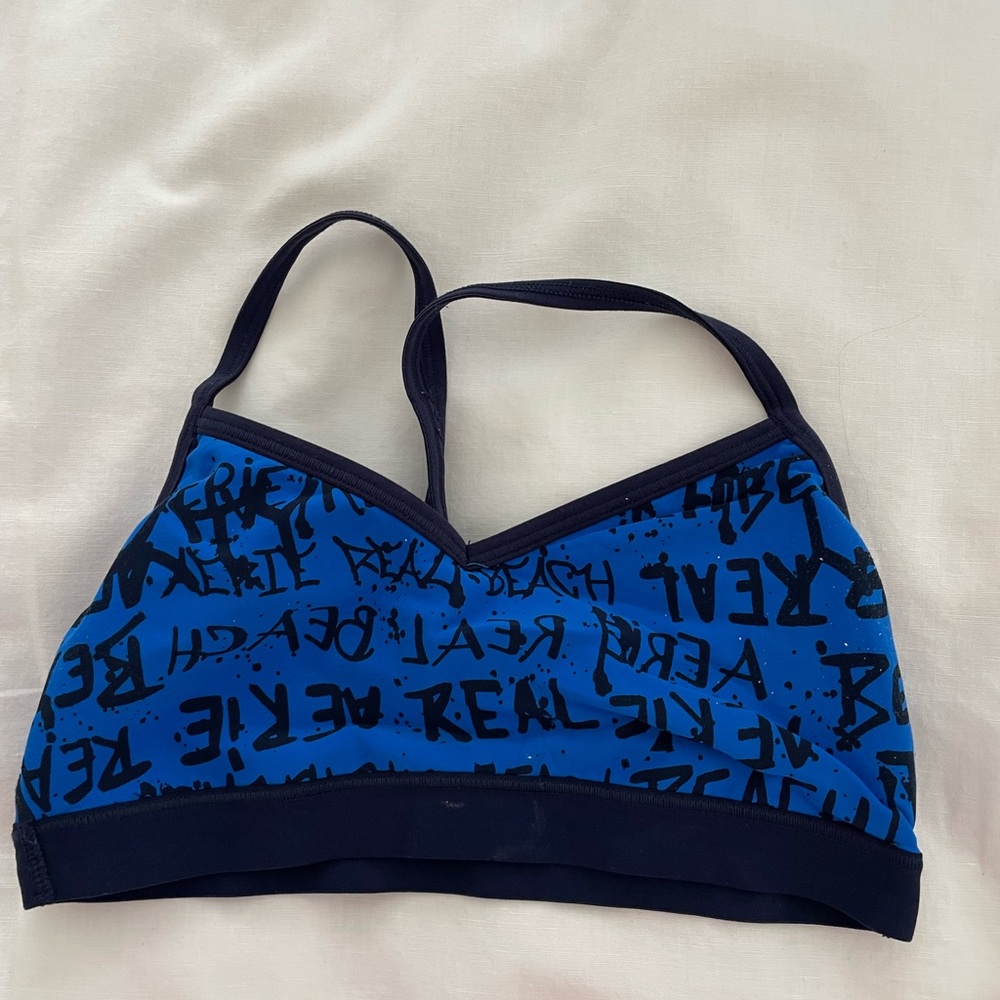 Aerie -  Blue and Black Graphic Chill, Play, Move Sports Bra - Small